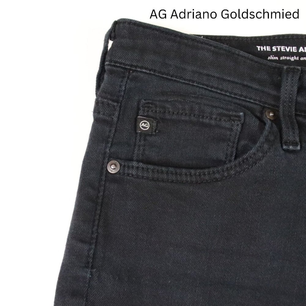 AG ADRIANO GOLDSCHMIED STEVIE ANKLE SLIM STRAIGHT BLACK SLIMMING JEANS, FRAYED